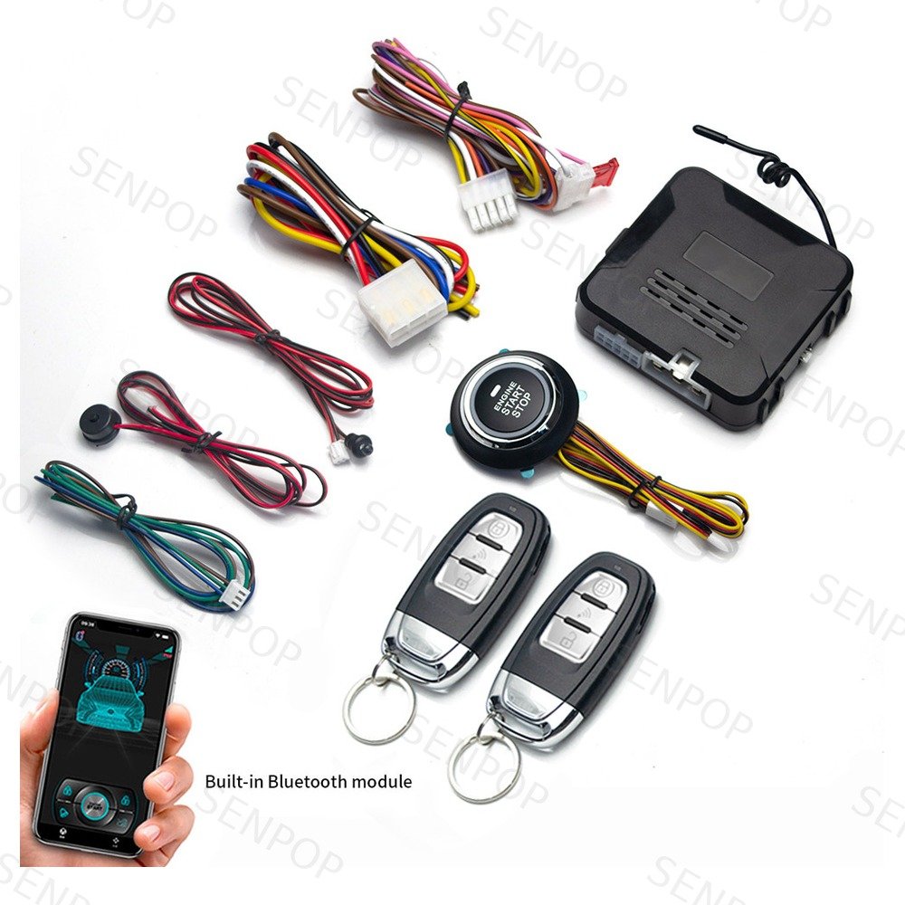 S-807R Bluetooth PKE push button start kit with smartphone app control, two remotes and wiring